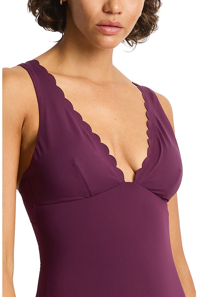 Scalloped Plunge One-Piece Swimsuit, Alternate, color, CLARET