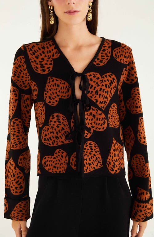 Farm Rio Leopard Hearts Knit Cardigan Leopard Hearts Black In Gold