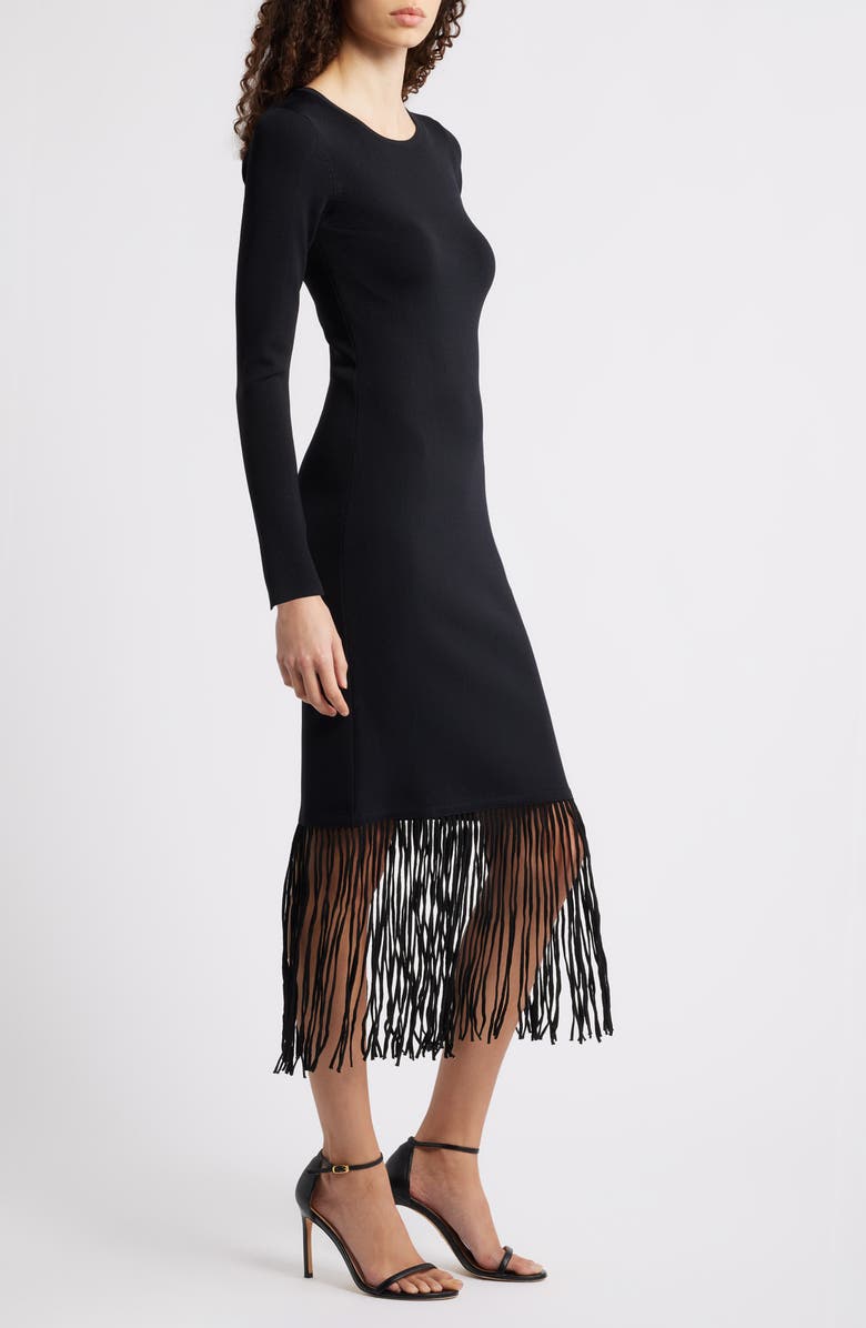 Elie Tahari Roma Fringe Hem Long Sleeve Body-Con Dress, Alternate, color, Noir