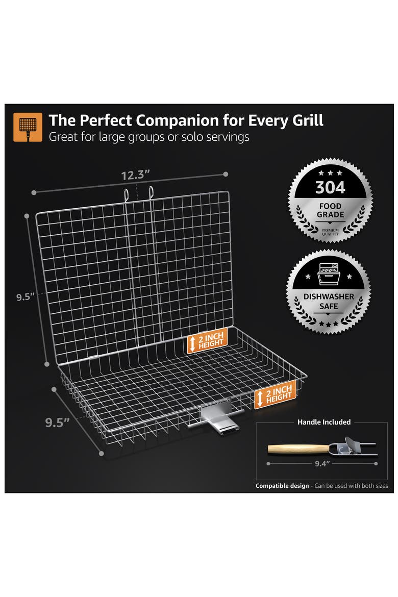 Set of 2 Large Folding Grilling Baskets, Alternate, color, BLACK