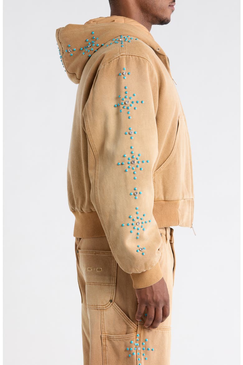 Turquoise Studded Cotton Canvas Hooded Jacket, Alternate, color, LIGHT BROWN