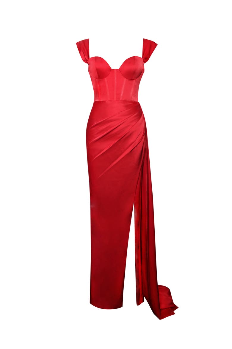 Zayda High Slit Corset Satin Gown, Alternate, color, Red