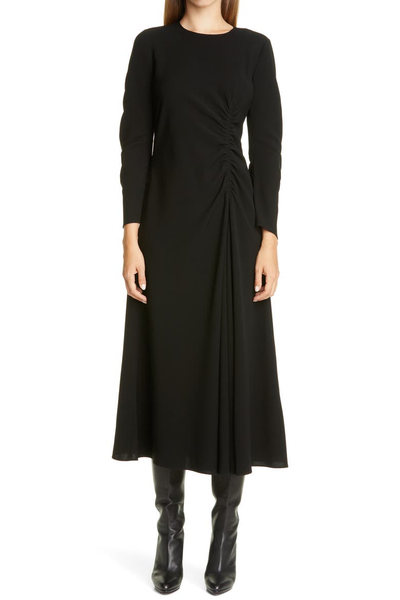 Collina Ruched Long Sleeve Midi Dress, Main, color, BLACK