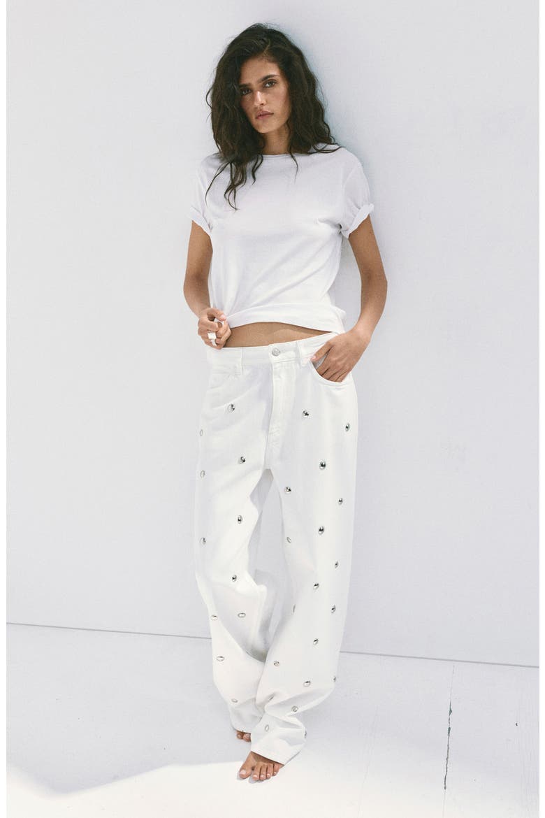 Studded Regular Waist Straight Leg Jeans, Alternate, color, OFF WHITE