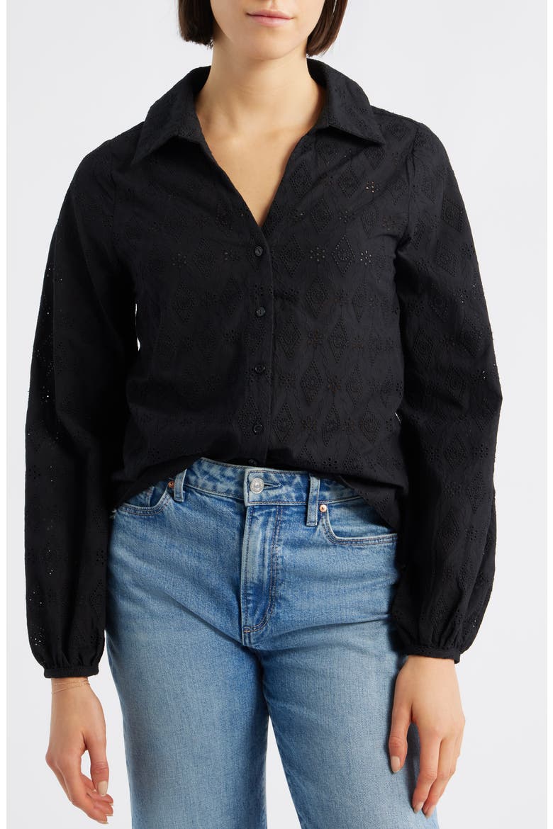Embroidered Eyelet Cotton Button-Up Shirt, Main, color, BLACK