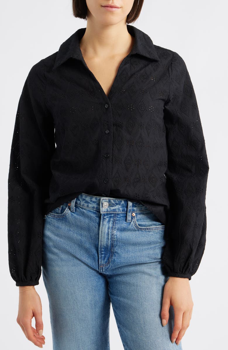 Bobeau Embroidered Eyelet Cotton Button-Up Shirt, Main, color, Black