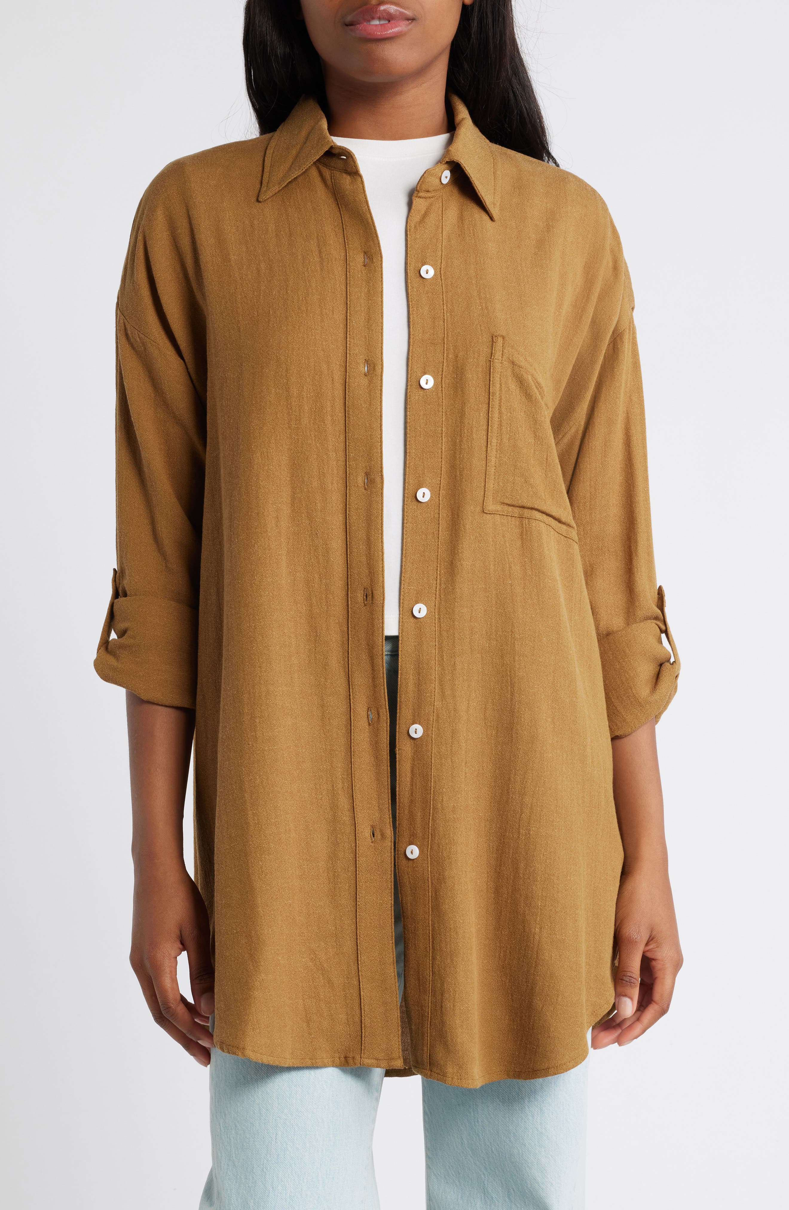 Rip Curl Premium Linen Button-Up Blouse in Bronze 