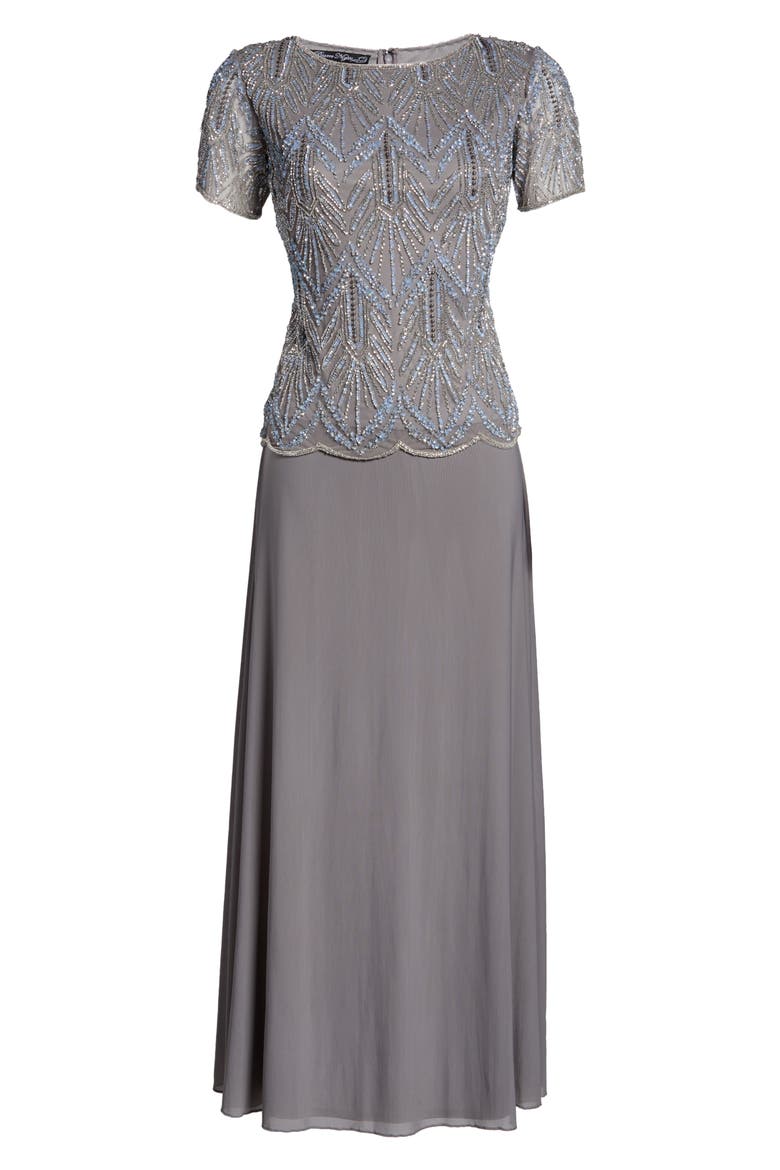 Beaded Bodice Chiffon Gown, Alternate, color, STEEL