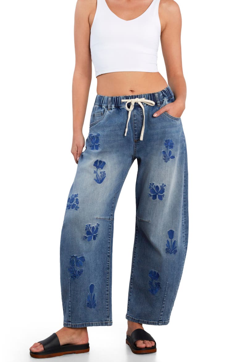 Embroidered Barrel Leg Drawstring Jeans, Alternate, color, ATLAS BLUE