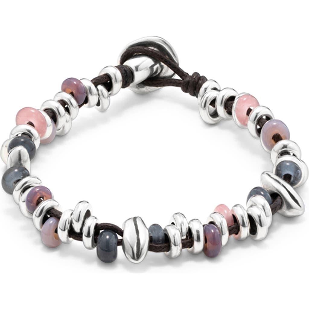 Unode50 Sterling Silver-plated Beaded Bracelet With Leather In Silver