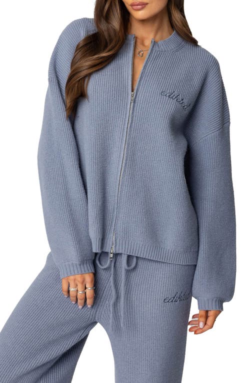 Edikted Kris Ribbed Knit Zip Up Sweater In Blue