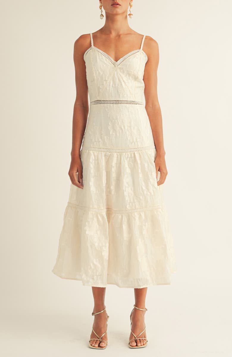 Arose Studio Sam Floral Jacquard Tiered Organza Midi Dress, Main, color, Cream