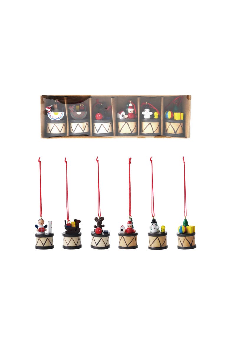 6-Piece Wood Holiday Drum Ornaments, Multicolor, Main, color, Multicolor