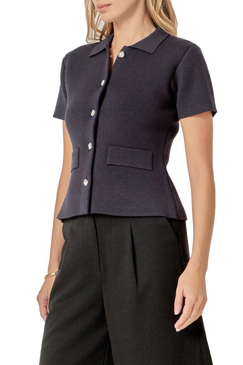 Short Sleeve Button Front Cardigan, Alternate, color, BLACK