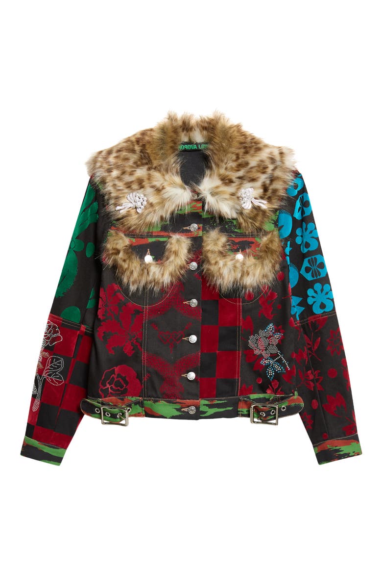 Faux Fur Trim Patchwork Denim Jacket, Main, color, BLACK MULTI
