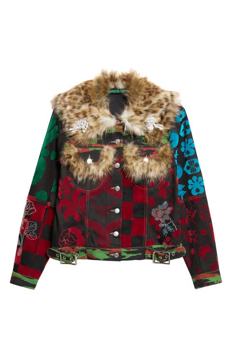 Faux Fur Trim Patchwork Denim Jacket