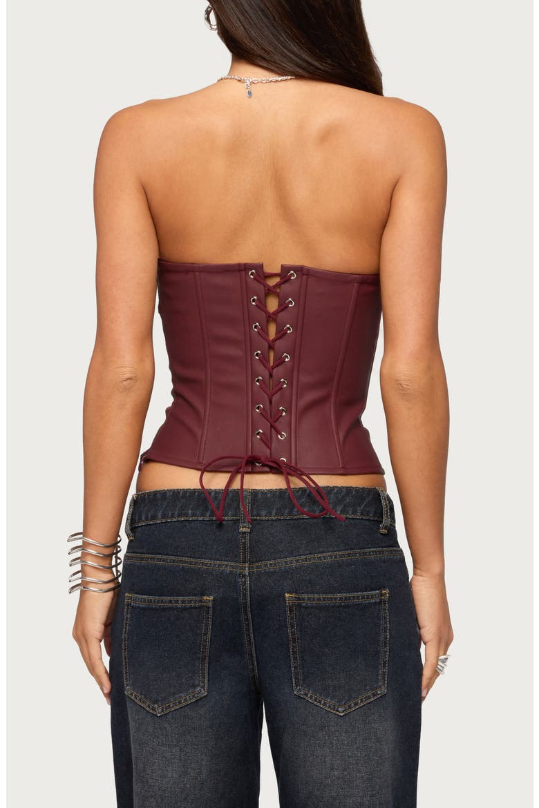 Izara Studded Strapless Faux Leather Top, Alternate, color, BURGUNDY