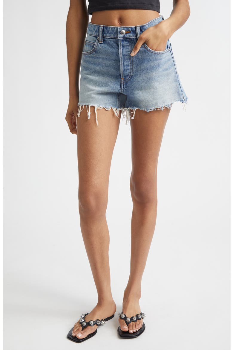 Distressed Logo High Waist Denim Bite Shorts, Main, color, AUTHENTIC LIGHT INDIGO