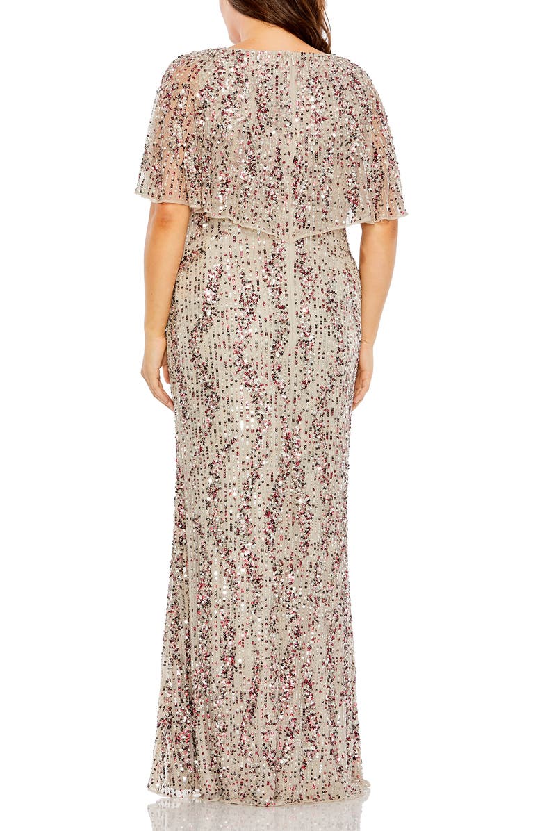 Mac Duggal High-Neck Sequin Embellished Dress with Semi-Sheer Cape Sleeves, Alternate, color, Taupe