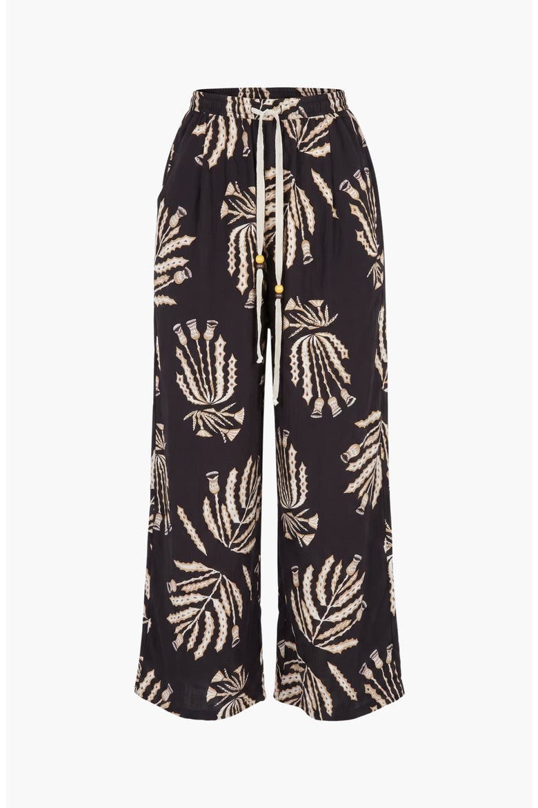 Botanical Print Wide Leg Pants with Drawstring Waist and Side Pockets, Main, color, Black