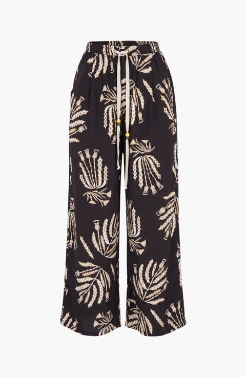 Botanical Print Wide Leg Pants with Drawstring Waist and Side Pockets