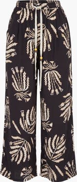Modenaire Botanical Print Wide Leg Pants with Drawstring Waist and Side Pockets
