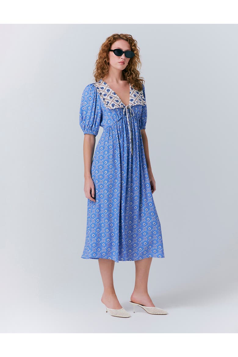 Nellie Crepe Collared Midi Smock Dress, Alternate, color, Blue Rose Spot