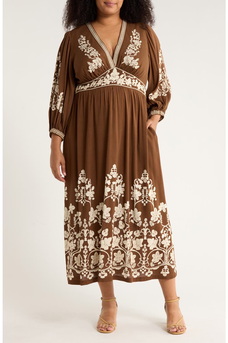 V-Neck Maxi Dress, Main, color, BROWN/ CREAM