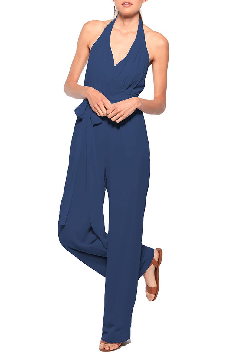 August Scarlette Faux Wrap Chiffon Halter Jumpsuit, Main, color, TANGLED UP IN BLUE