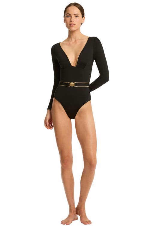 Sea Level Piper Belted Long Sleeve One-piece Swimsuit In Black