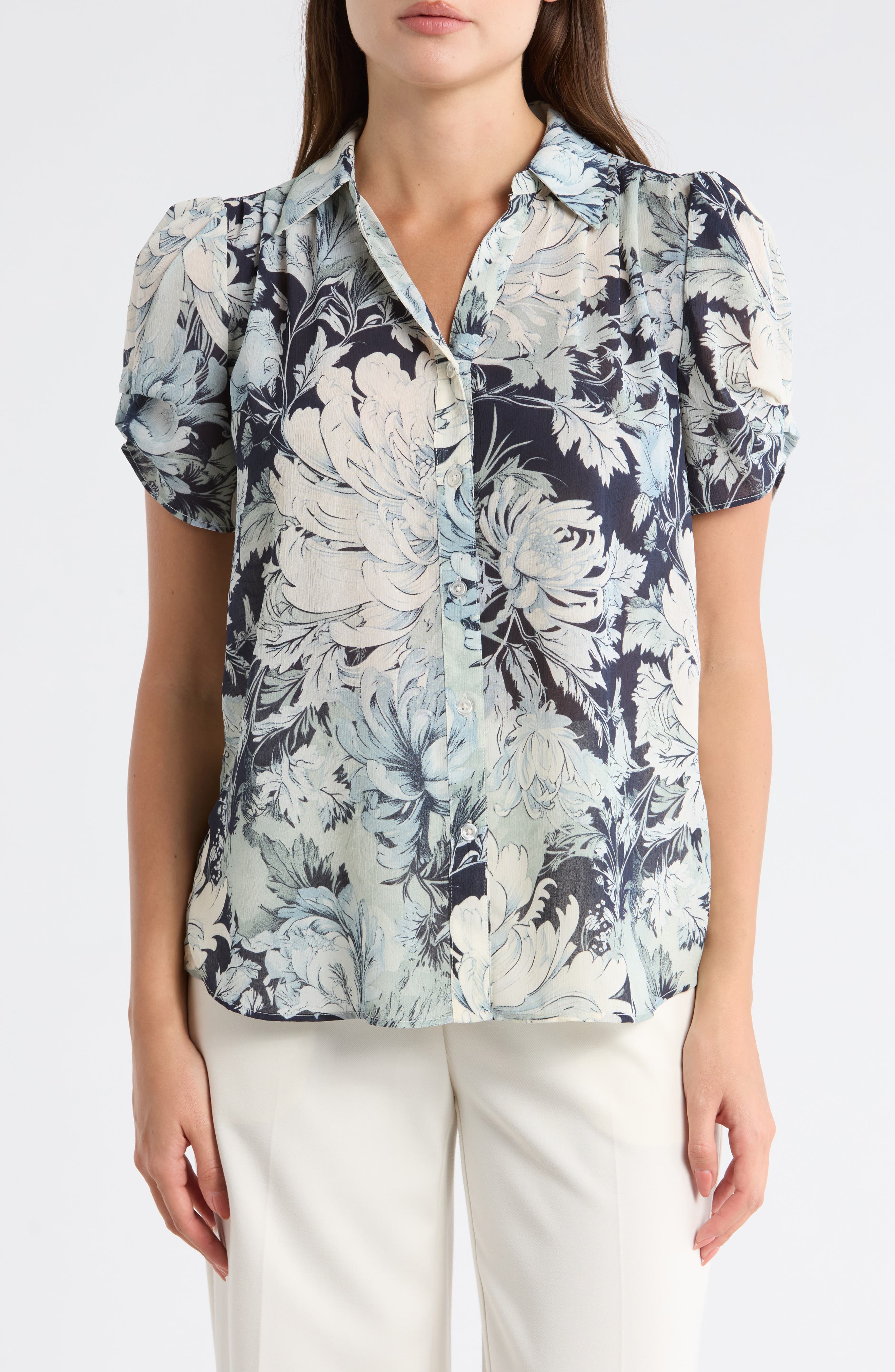 Adrianna Papell Patterned Pinch Sleeve Button-Up Shirt