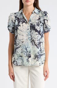 Adrianna Papell Patterned Pinch Sleeve Button-Up Shirt