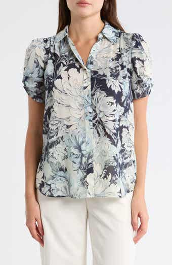 Adrianna Papell Patterned Pinch Sleeve Button-Up Shirt