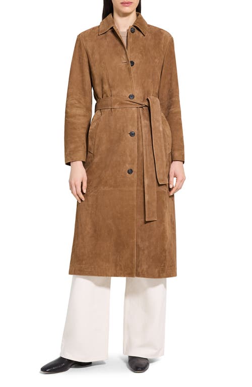 Theory Reese Belted Suede Coat In Brown