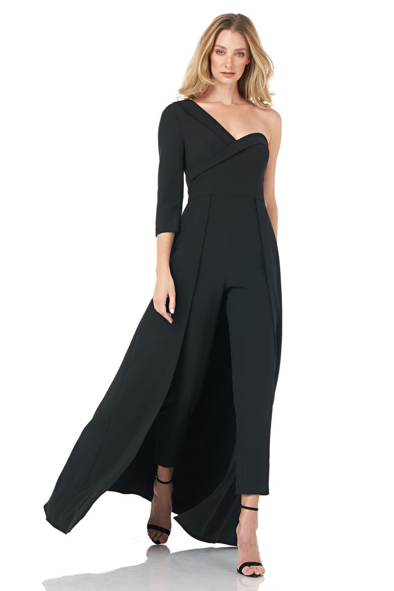 One Shoulder Stretch Crepe Maxi Romper, Alternate, color, BLACK