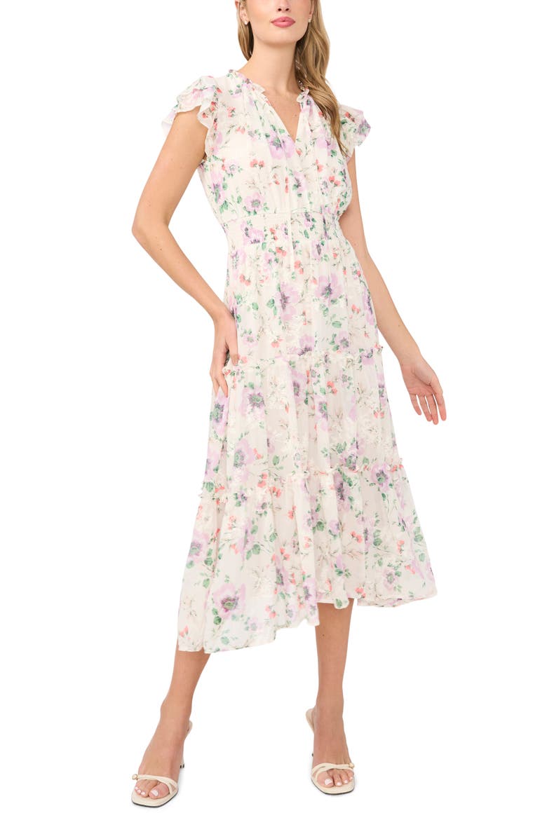 Floral Flutter Sleeve Midi Dress, Main, color, NEW IVORY