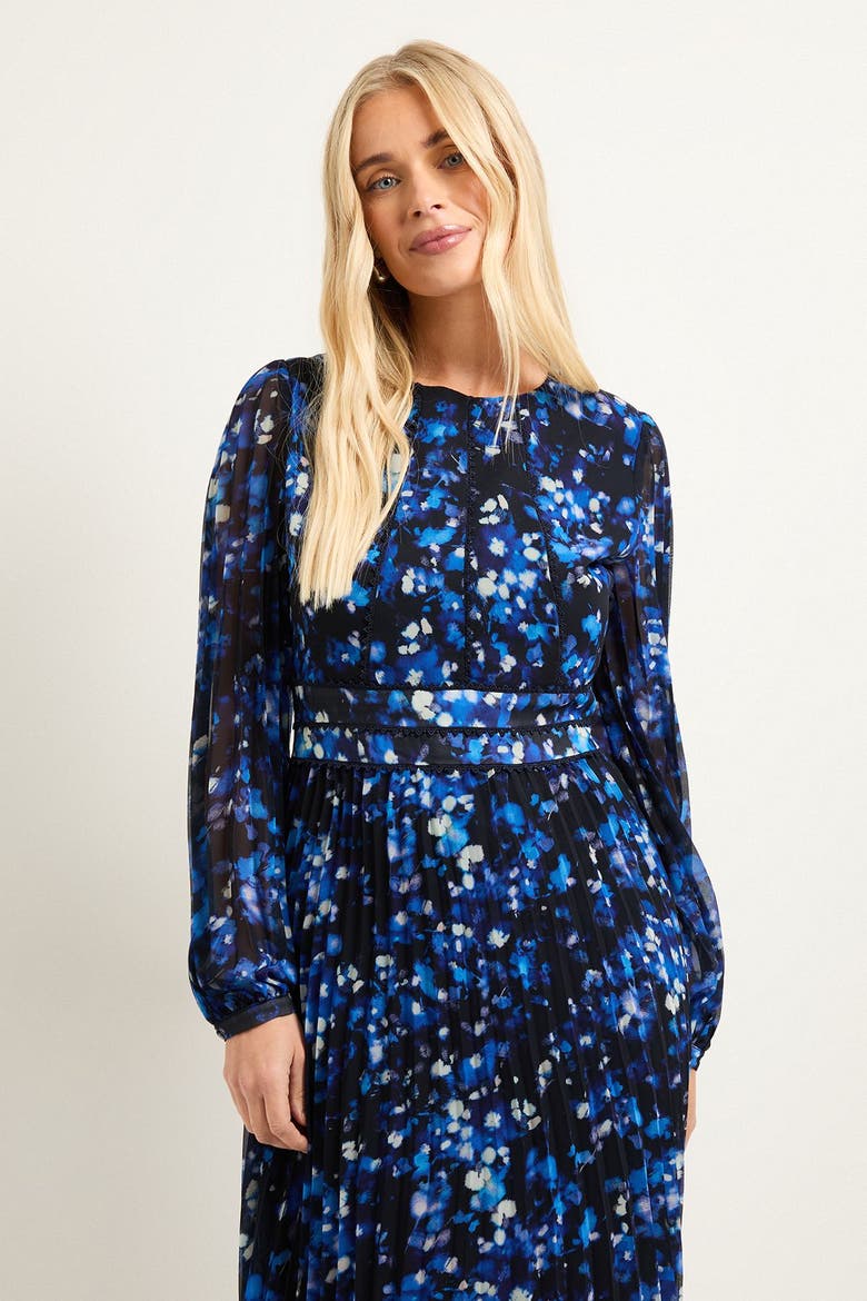 Petite Floral Pleated Midi Dress, Alternate, color, Navy