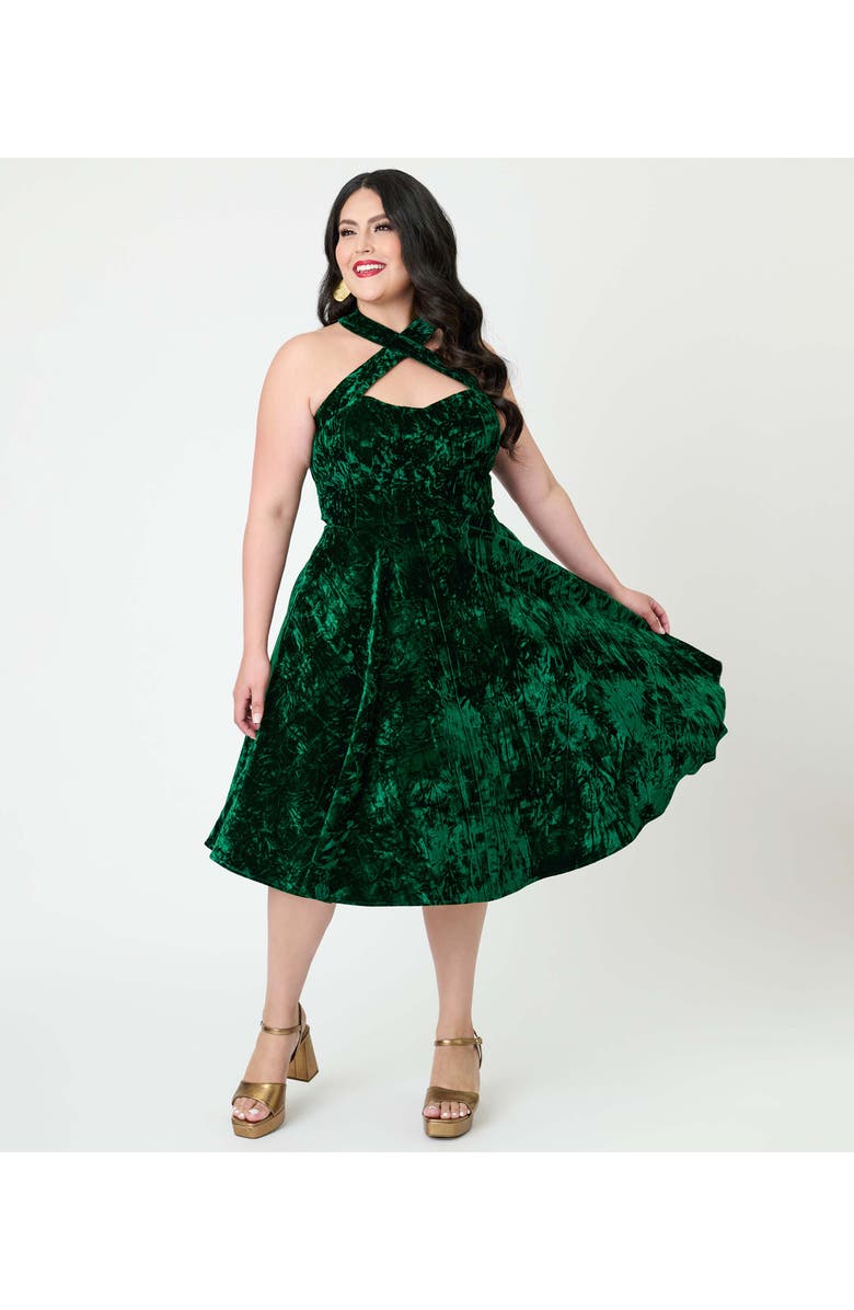 Unique Vintage Plus Size 1950s Criss Cross Halter Rita Flare Dress, Alternate, color, Emerald