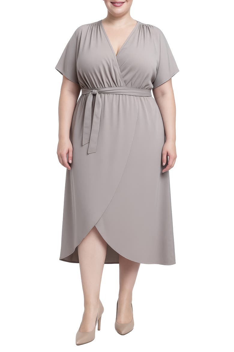 Tie Front Faux Wrap Midi Dress, Main, color, GREY