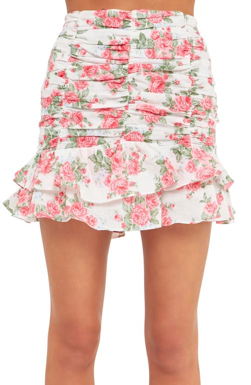 Endless Rose Floral Linen Ruched Ruffled Mini Skirt In Ivory
