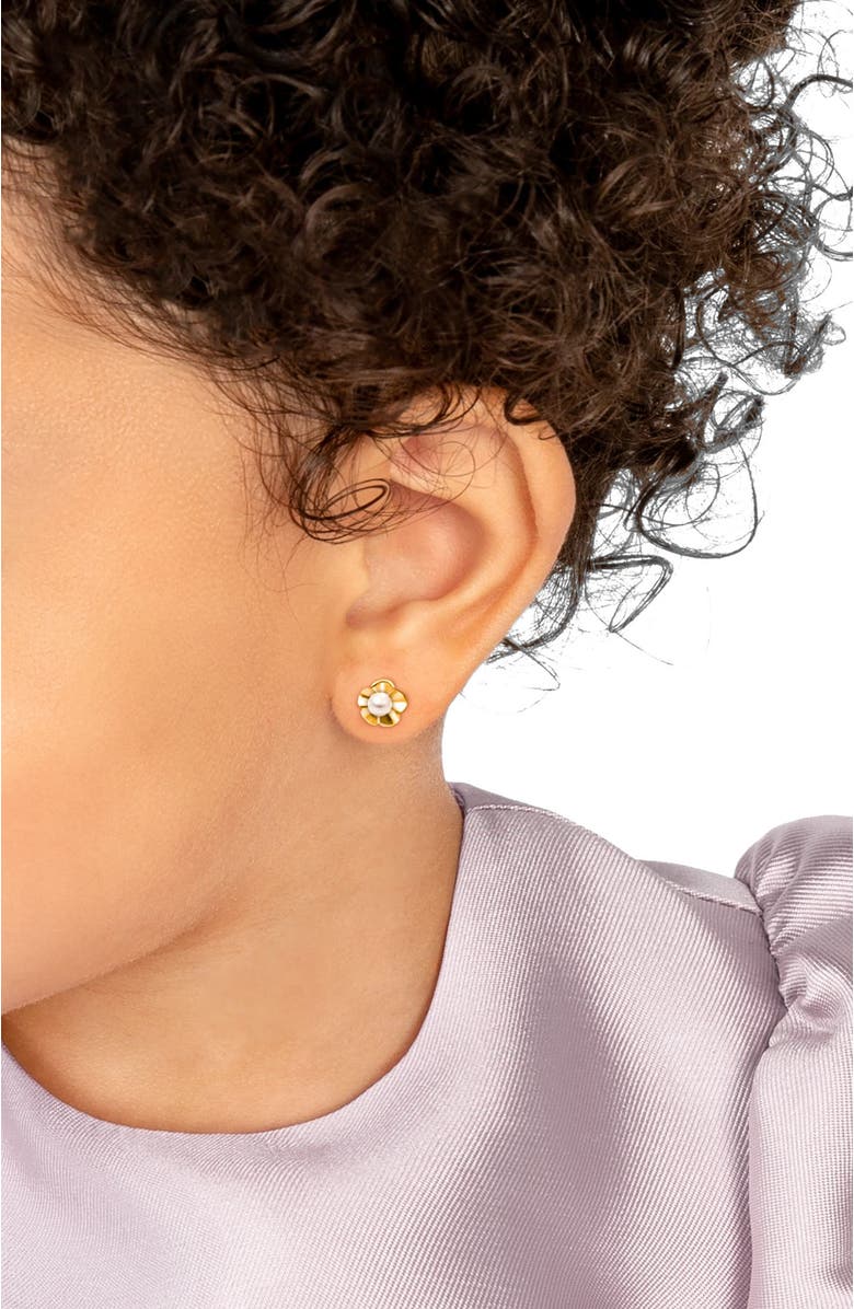 Tiny Blessings 14K Gold Ruffled Petals with Pearl Studs Screw Back Earrings, Alternate, color, 14K Yellow Gold