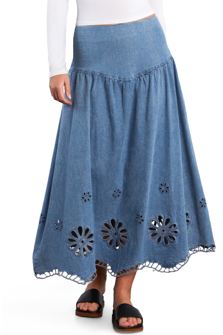 Camellia Floral Cutout Denim Maxi Skirt, Main, color, DREAM DENIM