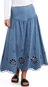 Wash Lab Denim Camellia Floral Cutout Denim Maxi Skirt
