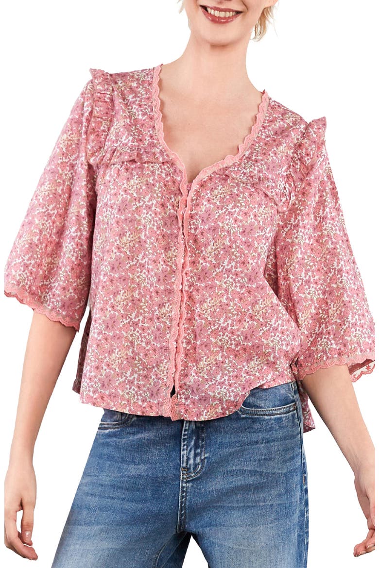 Happy Allie Floral Cotton Blend Button-Up Shirt, Main, color, PINK BLOOM