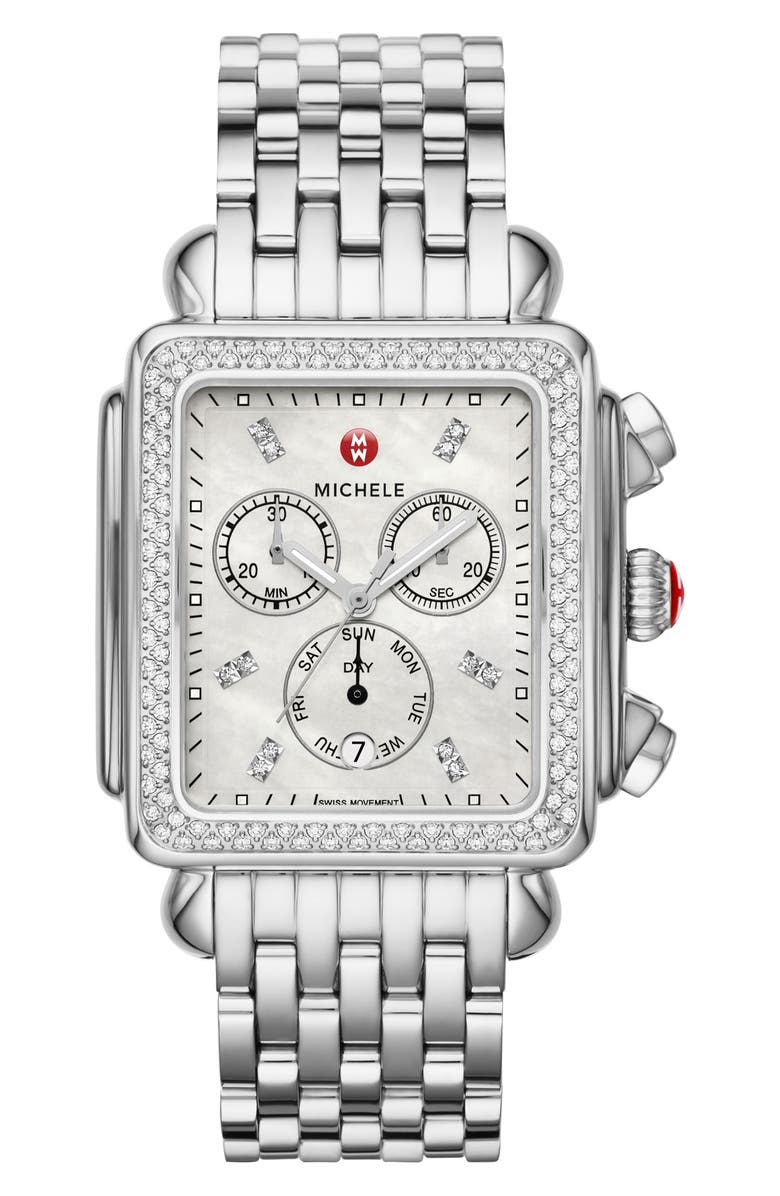 MICHELE Deco XL Chronograph Diamond Bracelet Watch, 36mm x 37.5mm, Main, color,