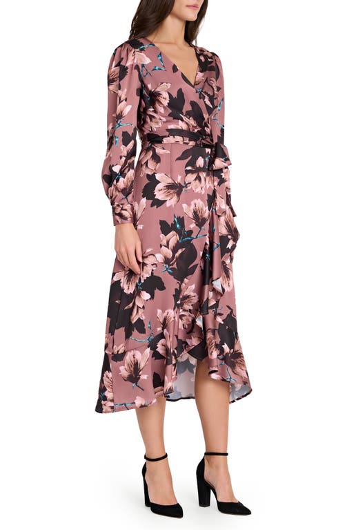 Tahari Asl Floral Long Sleeve Satin Faux Wrap Dress In Brown