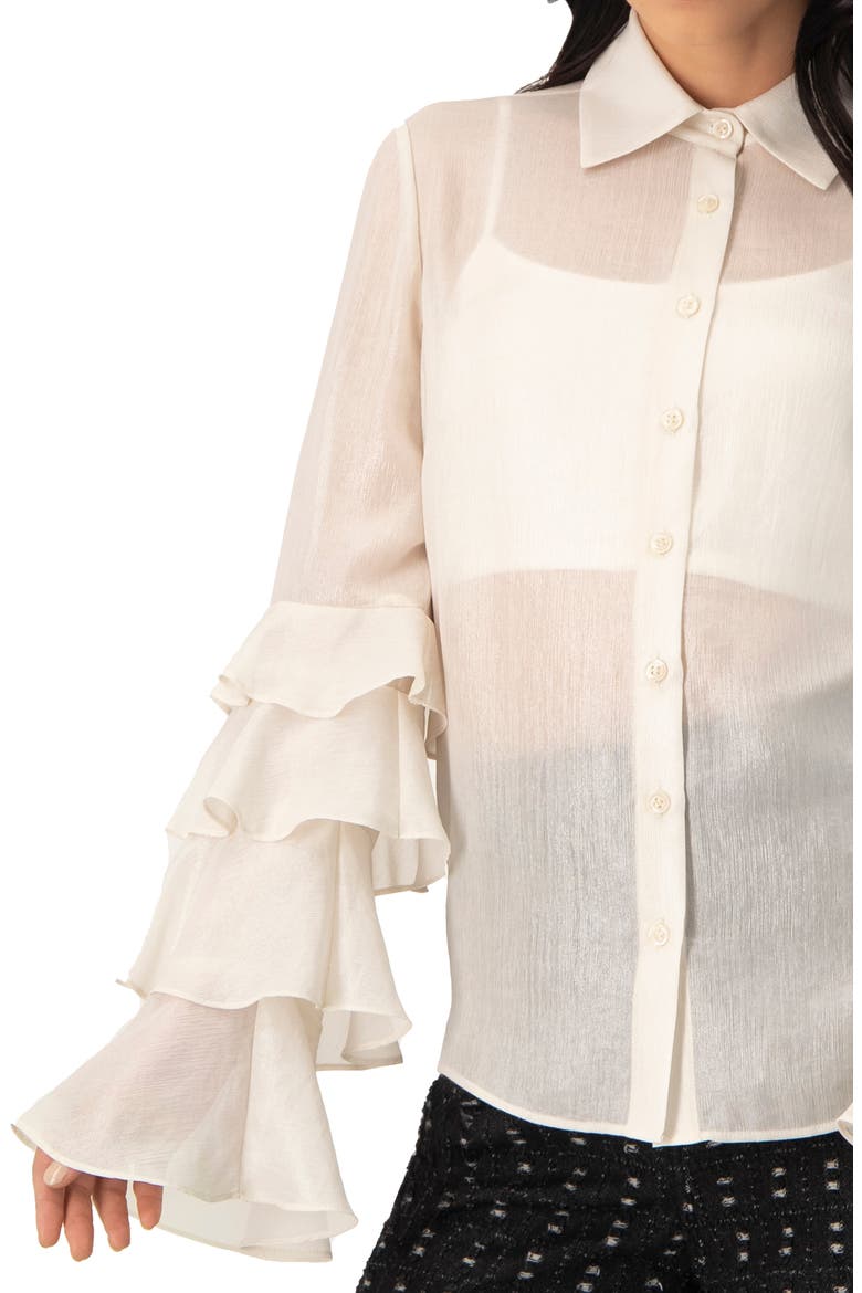 Sheer Shirt with Tiered Ruffle Sleeves, Alternate, color, Natural