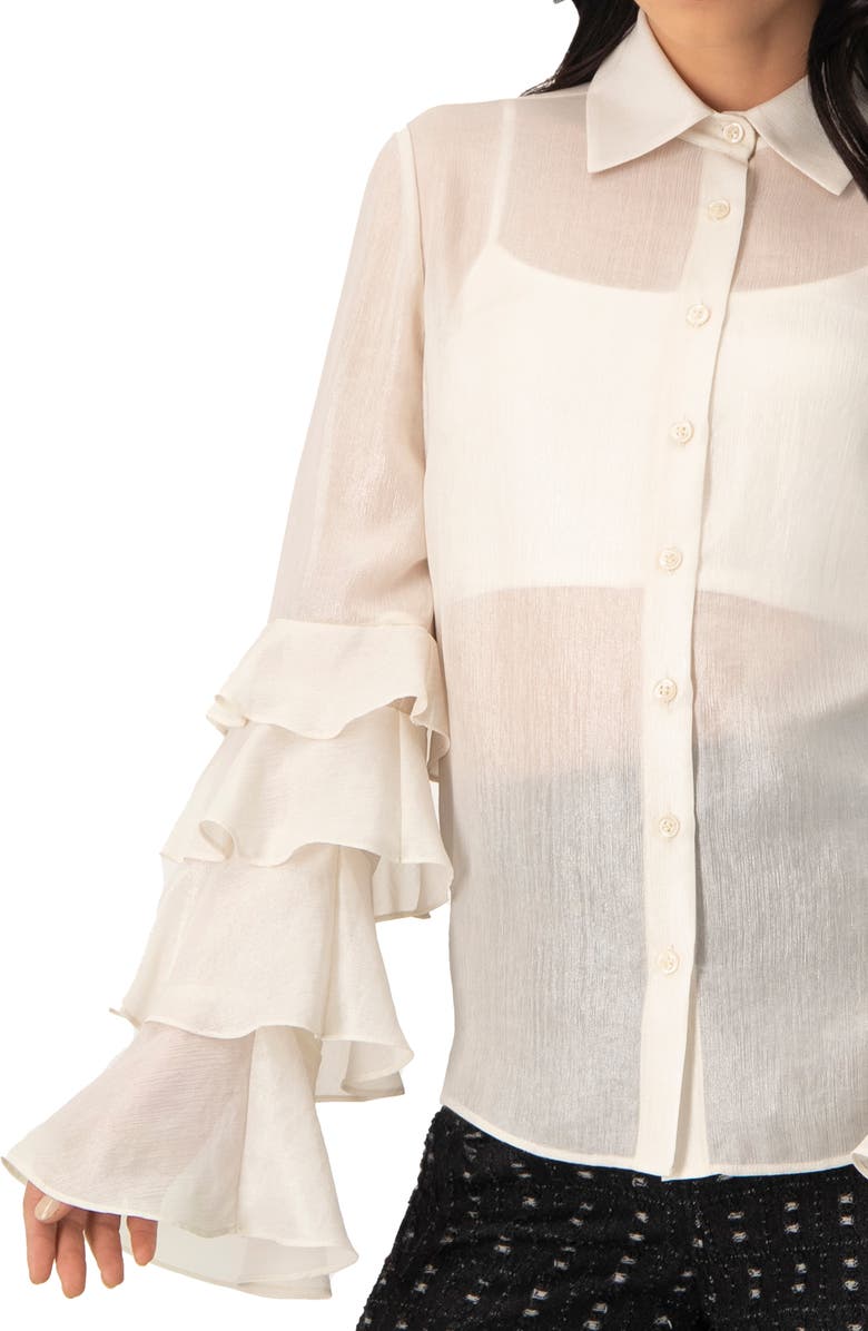 IVONNE Sheer Shirt with Tiered Ruffle Sleeves, Alternate, color, Natural