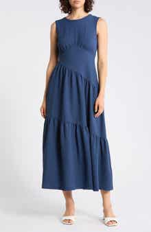 DKNY Sleeveless Crinkled Gauze Tiered Maxi Dress