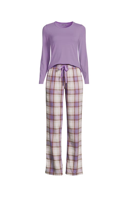Lands' End Pajama Set Knit Long Sleeve T-shirt And Flannel Pants In Purple